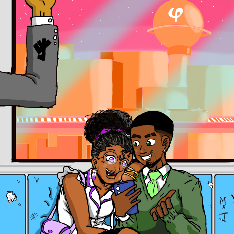 couple taking the train home with a abstract view